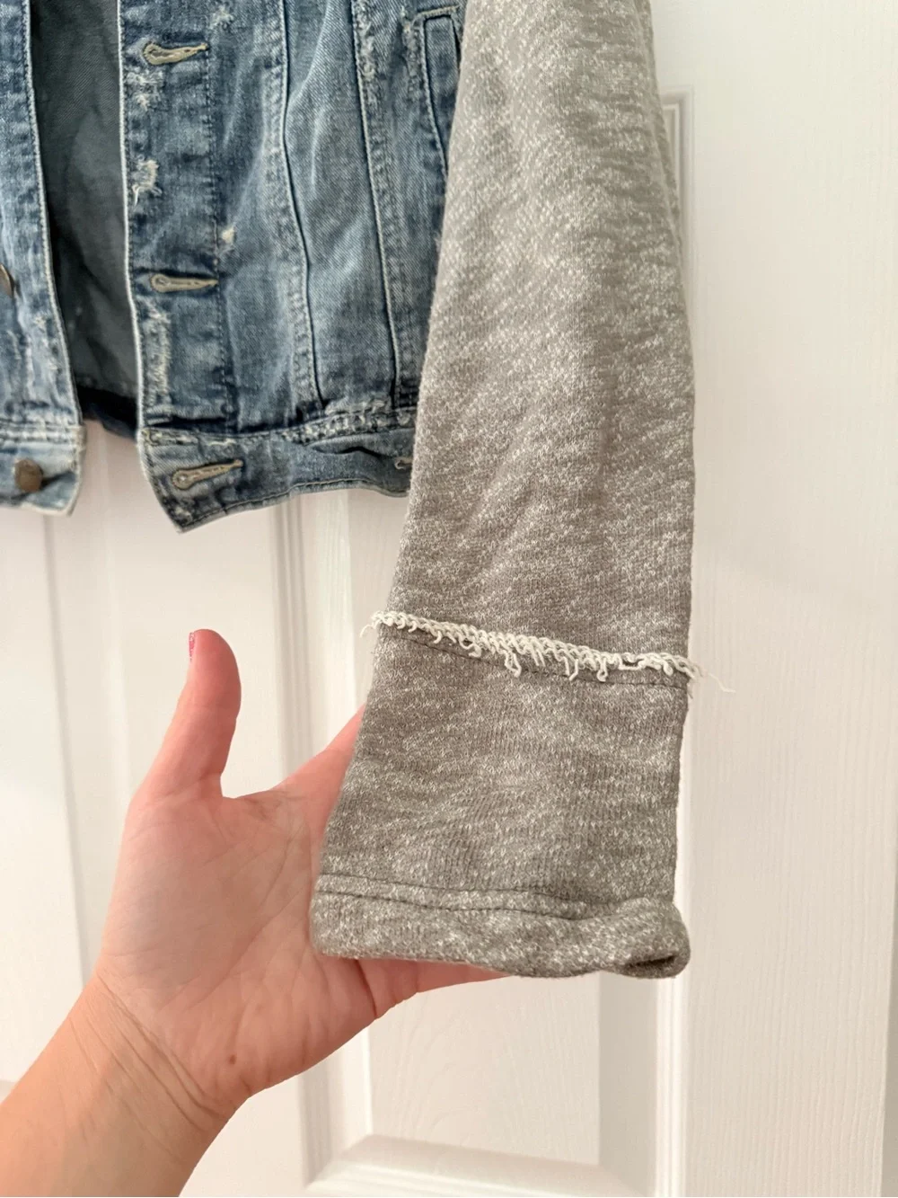 Free People Knit Hooded Denim Jacket with Blue Grey Sleeves - Small